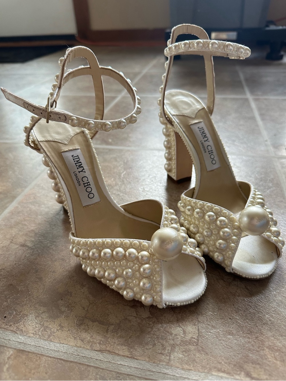 Jimmy Choo Pearl-Embellished Ivory High Heel Sandals - Picture 3 of 6